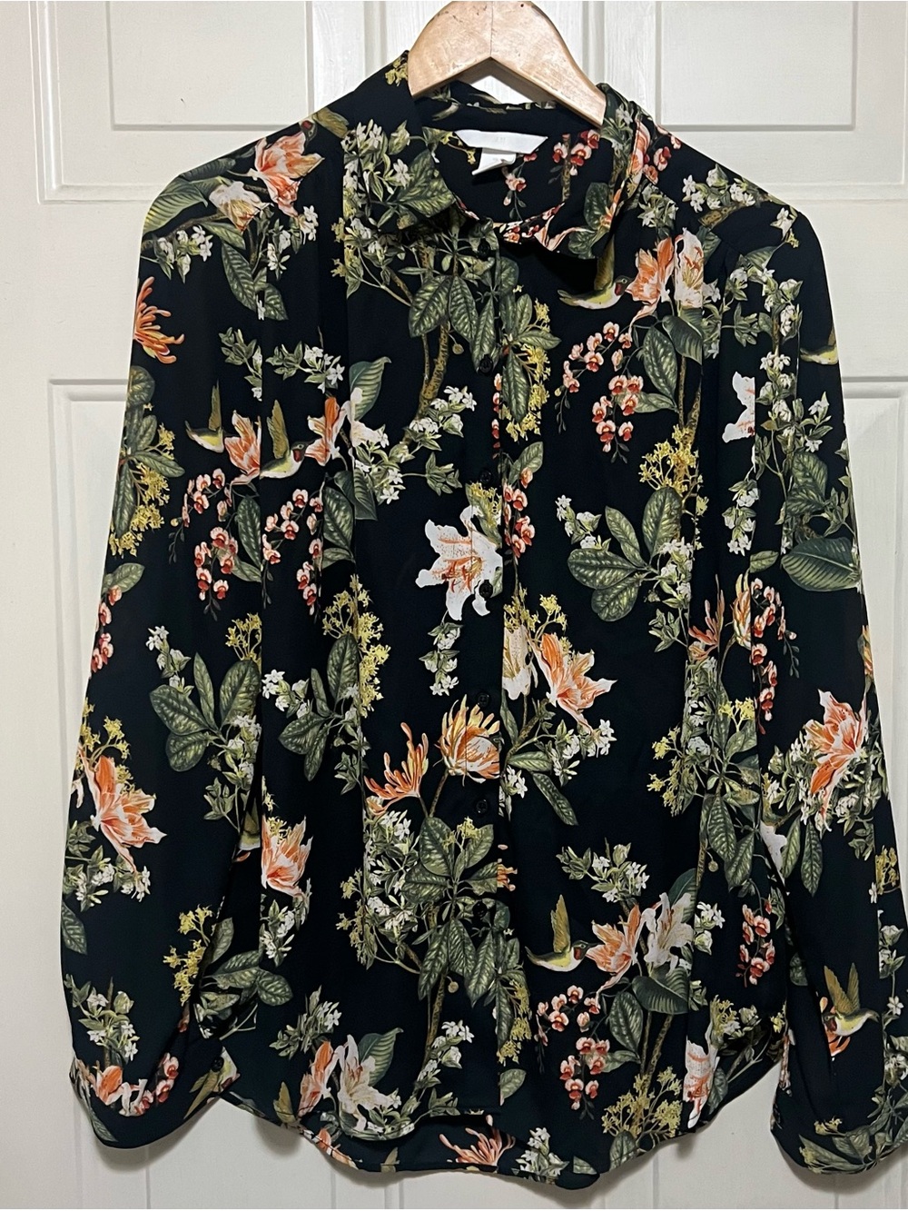 H&M Black Floral Button Front Blouse Size 12 Romantic Cottagecore Top